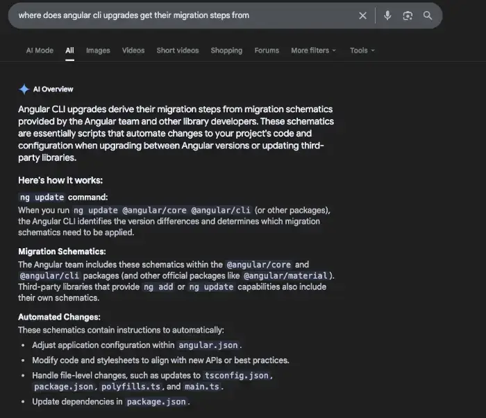 Image of Google AI response regarding how do Angular Framework migration schematics work.