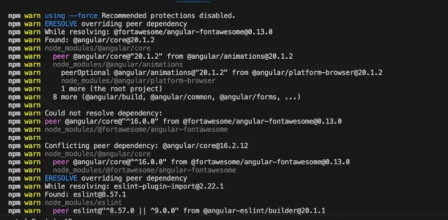 Image of peer dependencies after using the force flag while upgrading to Angular 20.