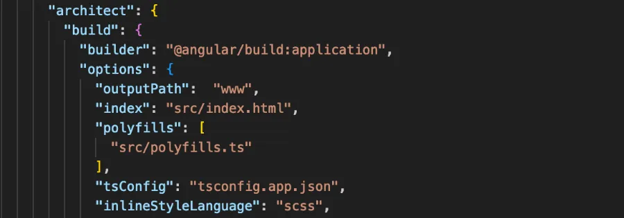 Image of angular.json file showing the angular build architect builder config option set to work with angular 20