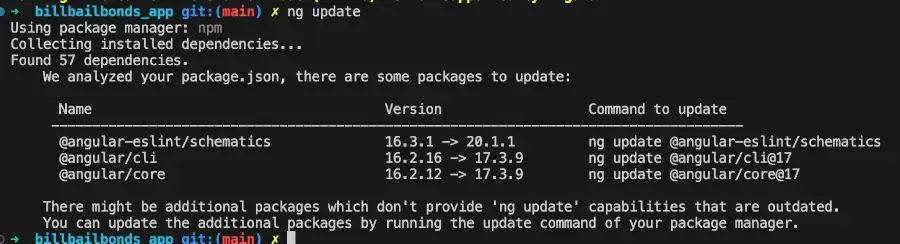Image of CLI output after running ng update to Upgrading from Angular 16 to Angular 20