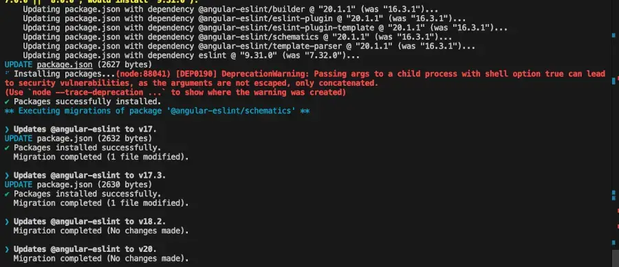 Image of updating to Angular 20 after using the force flag.