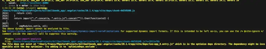 Image of Vite issue "The above dynamic import cannot be analyzed by Vite". in angular versions 17,18,19,20